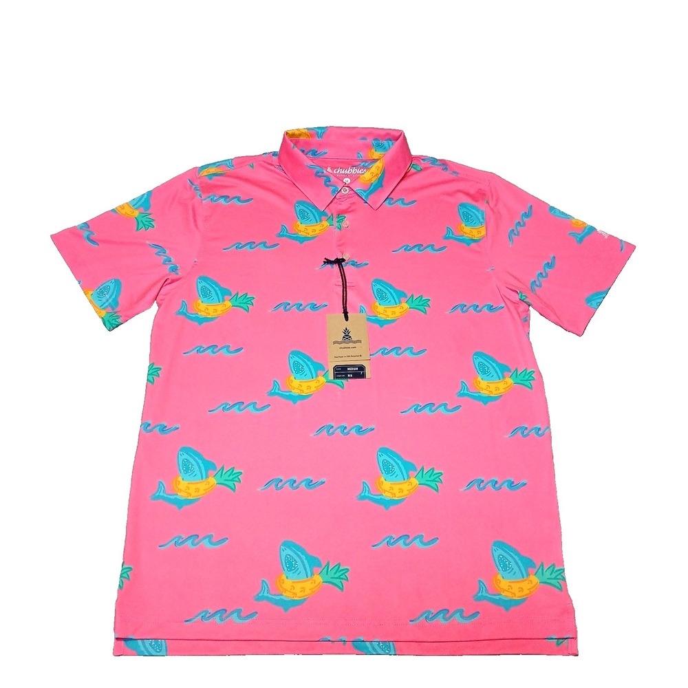 Chubbies Pink Shark Polo Shirt Mens M The Weekend Has Arrived Stretchy Golf